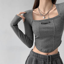 Cropped Top Women Fashion Skinny Sexy Long Sleeve T Shirts Female Casual Square Neck Tees