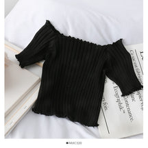 Women Off Shoulder T-shirts Knitted Ruffles Hem Crop Tops Short Sleeve T-shirts