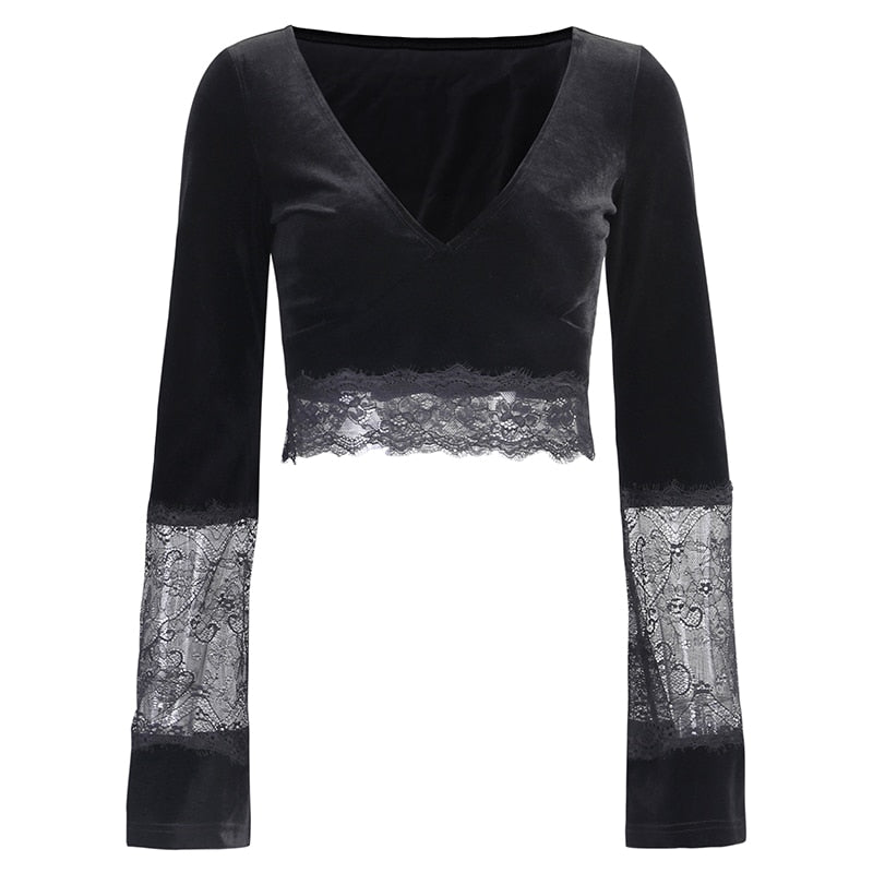 Ins Goth Sexy Women Gothic Crop Top Flare Long Sleeve Lace Hollow Out Black  V-neck T-shirt