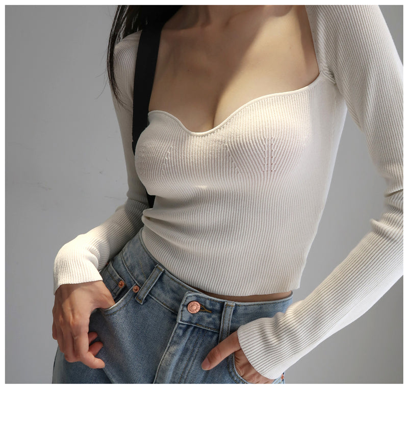 Magliette lavorate a maglia con scollo quadrato vintage francese da donna T-shirt pullover a maniche lunghe skinny da donna