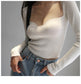 Magliette lavorate a maglia con scollo quadrato vintage francese da donna T-shirt pullover a maniche lunghe skinny da donna