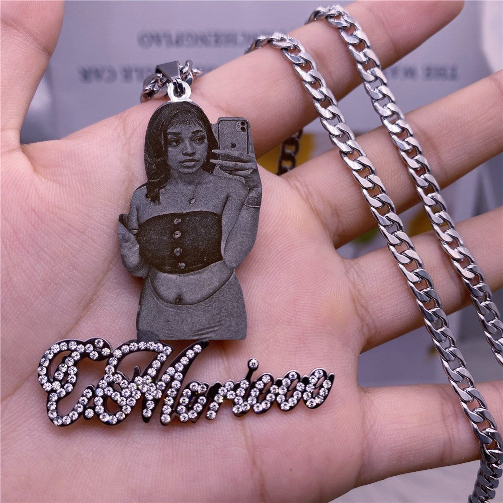 Custom Picture with Diamond Necklace Custom Nameplate Pendent Necklace