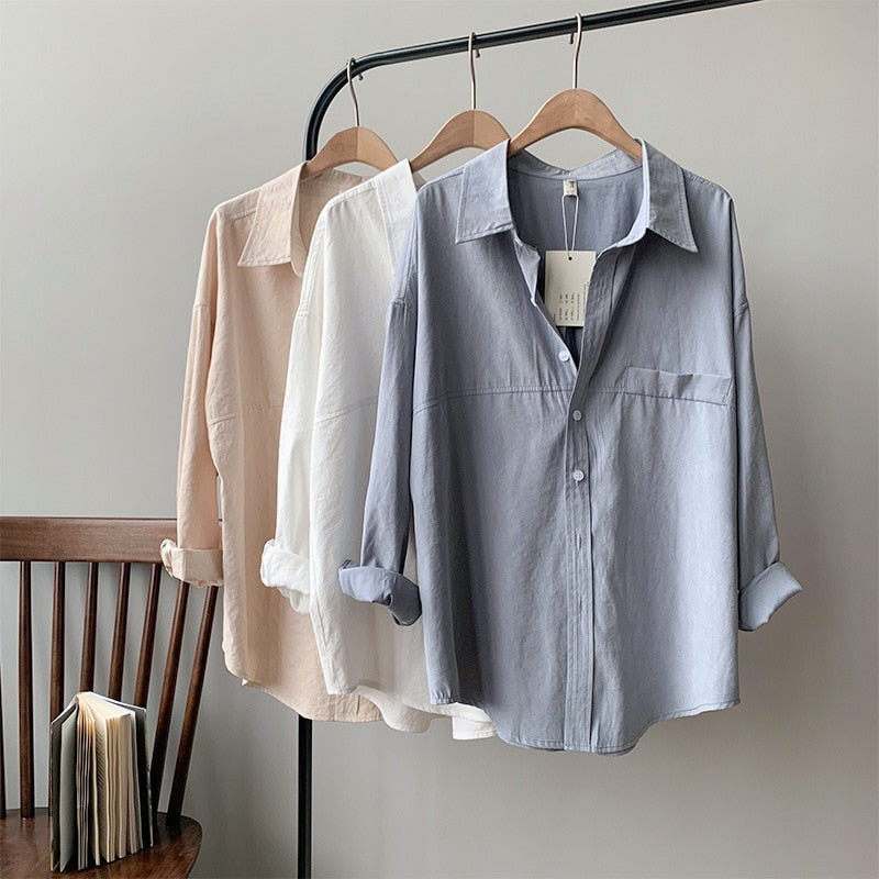 Loose Turn-down Collar Solid Female Shirts Tops Spring Summer Blouses