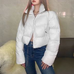 Faux PU Leather Y2K Bubble Puffer Winter Warm Jacket Women Long Sleeve Coats