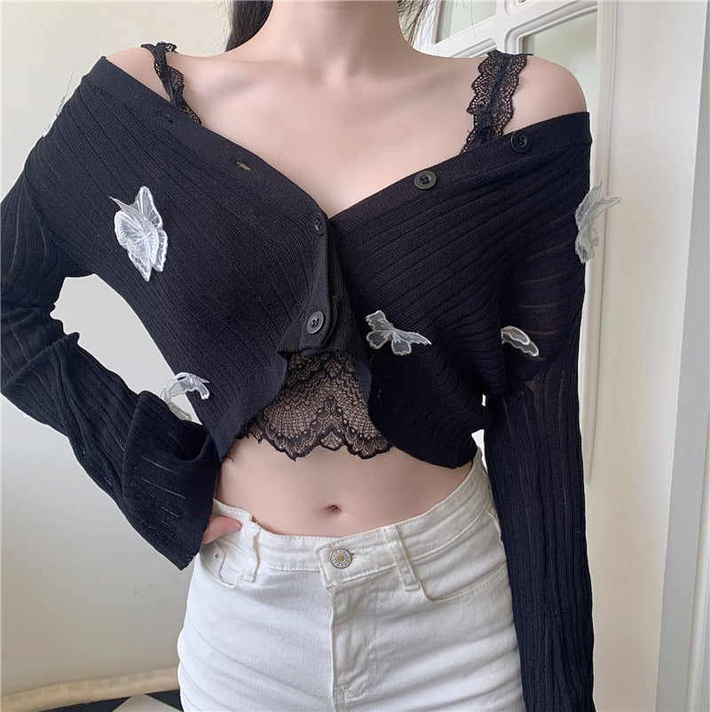 Butterfly Knit Cardigans Women V-Neck Crop Tops Ladies Summer Thin Long Sleeved