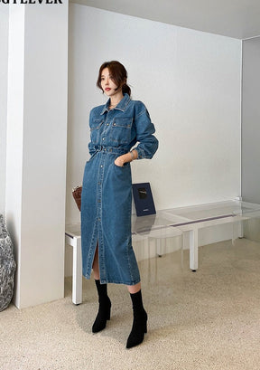 Denim Dress Full Sleeve Single-breasted Pockets Slim Waist Mid-length