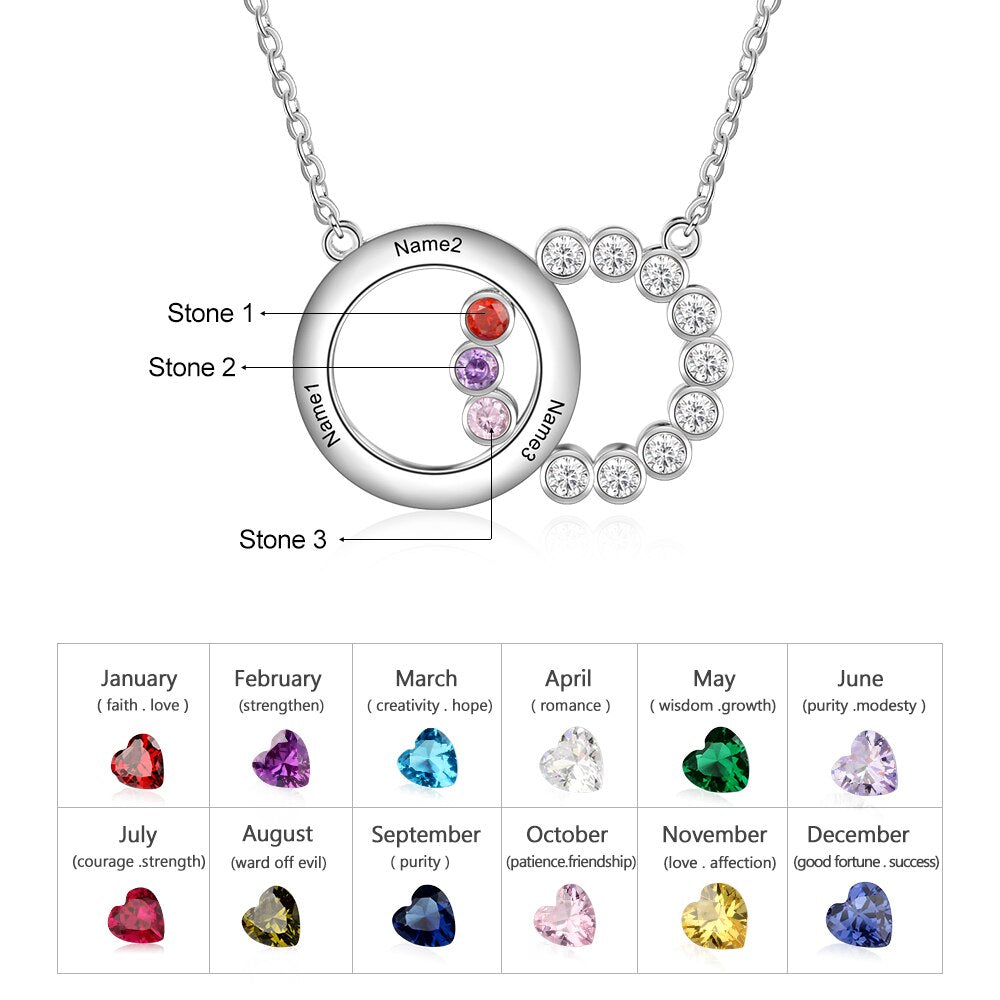 Personalized Name Interlocking Circle Pendants Custom 3 Birthstones Necklaces