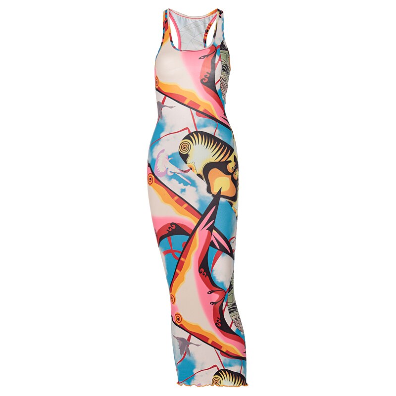 Sleeveless Hollow Out Straps Asymmetric Print Backless Ruched Sexy Maxi Dress