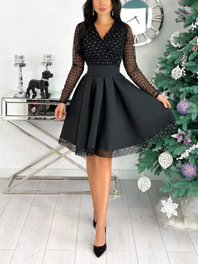 Shiny Sequin Diamond Mesh Stitching Dress Women Spring Autumn Sheer Long Sleeve Belted Slim A Line Dresses