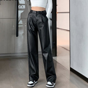 Loose PU Leather Pants Ladies High Waist Straight Faux Leather Trousers