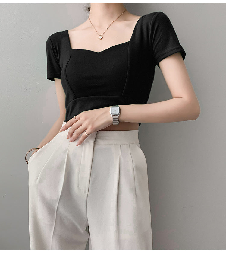 French Clavicle Square Collar Tops Women High Waist Croped Top Short Sleeve T-shirt Female