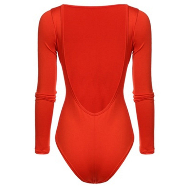 Rückenfreier Langarm-Bodysuit für Frauen, solide, schlanke, regelmäßige Bodysuits, sexy heiße Kleidung