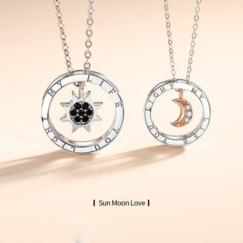 couple silver color ring sun and moon two-color pendant necklace jewelry gift