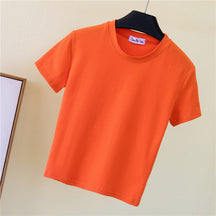 Crop Top T-Shirt Female Solid Cotton O-Neck Short Sleeve T-shirts for Women High Waist Slim T-Shirt