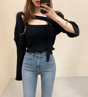 Camisole Knitted Cardigans Women Two Piece Sets 2021 Autumn Sweater Jacket Woman