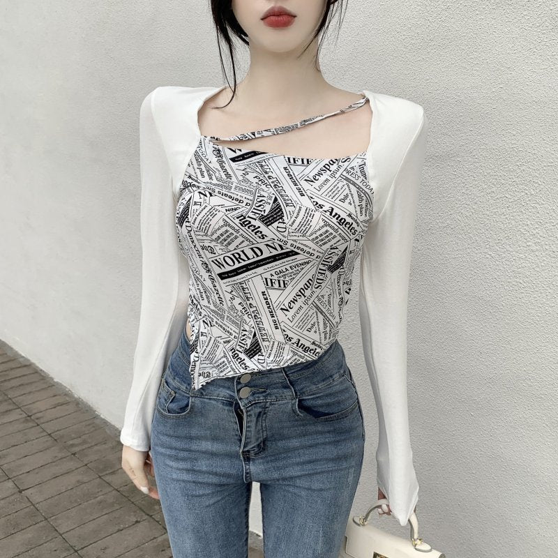 Letter Printed T-shirt Women Fake Two-piece Sexy Slim Long Sleeved Tops Female Cropped Tops