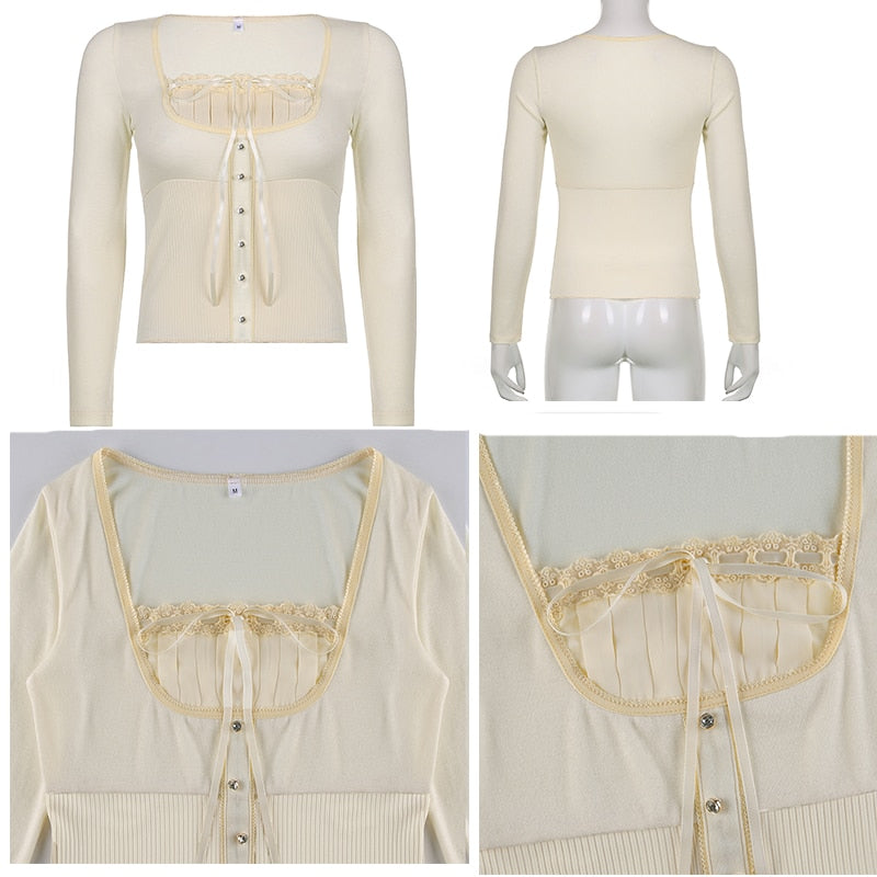 Sweet Cute Crop Top Lace Frill Bow Pullovers Vintage Square Collar T Shirt