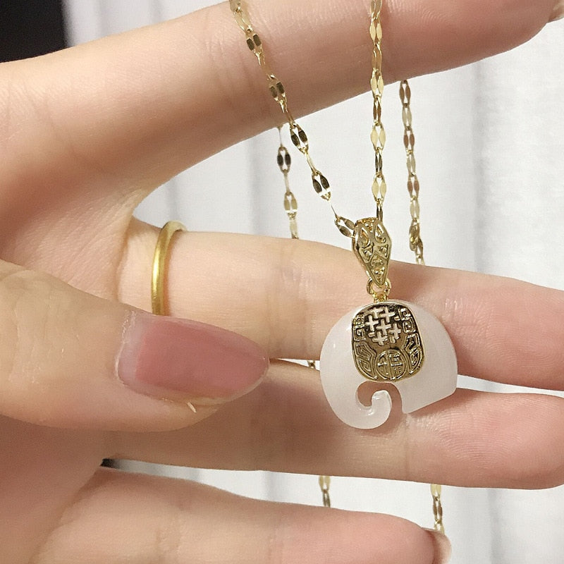 Vintage White Hetian Jade Elephant Pendant 18K Gold Plated Chain Necklace