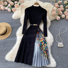 Knitted Patchwork Gradient Print Pleated Dress Long Sleeve Office One-Piece Sweater Dress With Belt