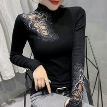 Women's Tops Shirt Casual Turtleneck Long Sleeve Hollow Out Hot Drilling Mesh T-Shirt