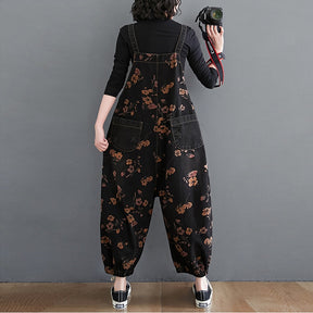 Loose Jeans Black Jumpsuit Casual Ladies Big Pockets Print Floral Denim Overalls Straps Rompers