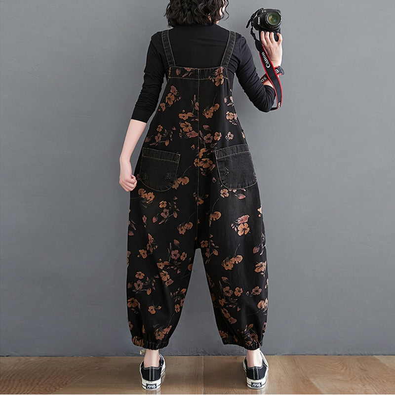 Loose Jeans Black Jumpsuit Casual Ladies Big Pockets Print Floral Denim Overalls Straps Rompers