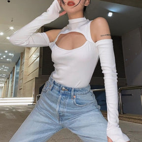 Women’s Long-sleeved Bodysuit Solid Color Hollow Off-shoulder Half High Collar Jumpsuit