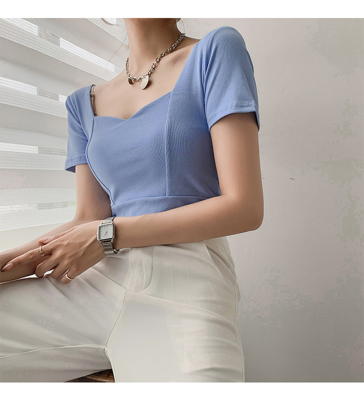 French Clavicle Square Collar Tops Women High Waist Croped Top Short Sleeve T-shirt Female