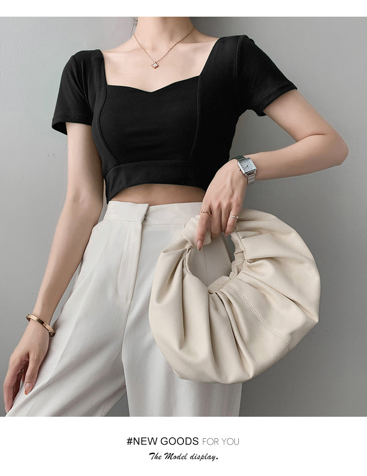 French Clavicle Square Collar Tops Women High Waist Croped Top Short Sleeve T-shirt Female