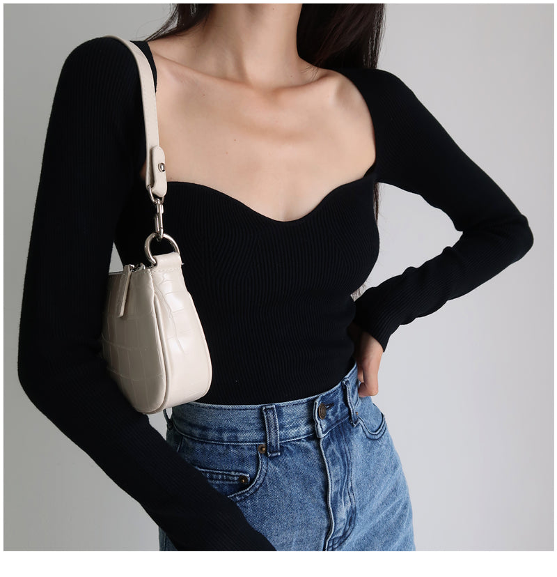 Magliette lavorate a maglia con scollo quadrato vintage francese da donna T-shirt pullover a maniche lunghe skinny da donna