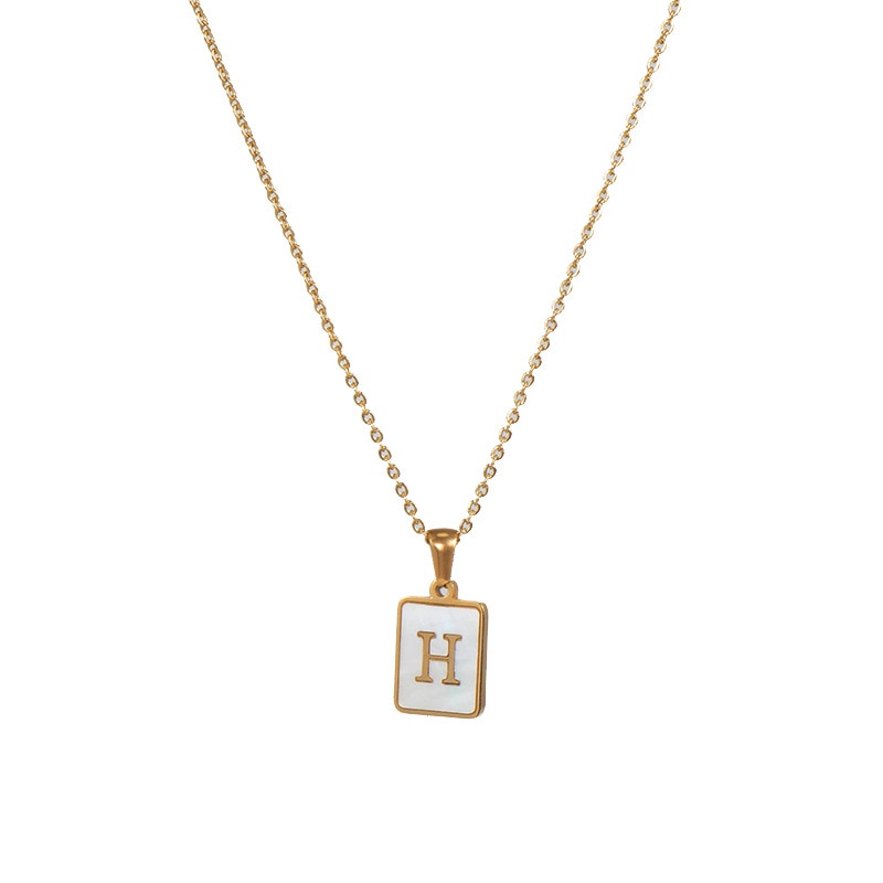 18K Golden Chain Necklaces Male Square Natural Shell Initial Letters Pendant Stainless Steel Jewelry