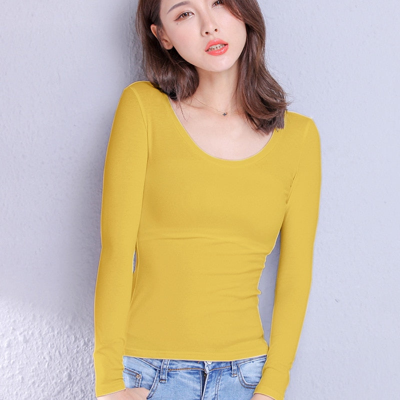 Cotton Women's T-shirt Long-sleeved Solid Color Women T-shirts Leisure Woman T shirt