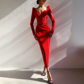 Slim V Neck Long Sleeve Mid Calf Pencil Dress 2022 Casual Office Lady Solid Red Puff Sleeve