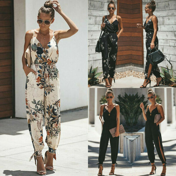 Women Sleeveless Loose Baggy Trousers Solid Romper Jumpsuit Cotton Print Broadcloth