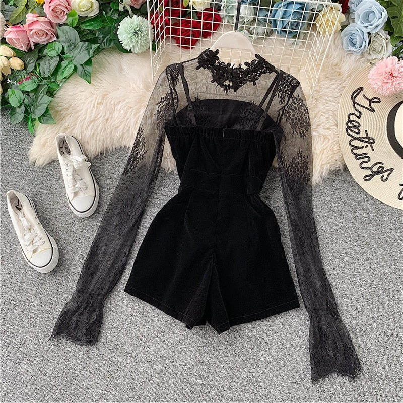 Long Sleeve Lace Embroidery Shirt Women Double Breasted Playsuits Slim Velvet Jumpsuits