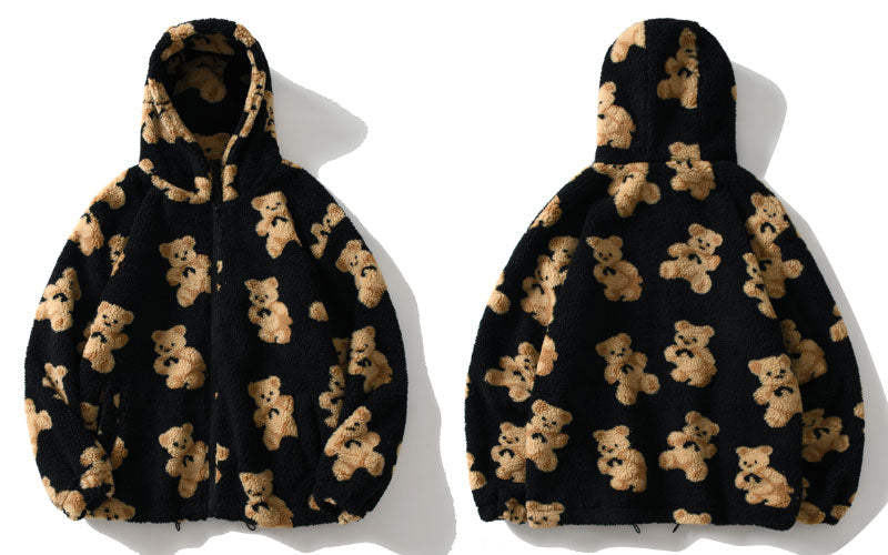 Hip Hop Men Women Fashion Bear Print Full Zip Hooded Coat Tops Outwear