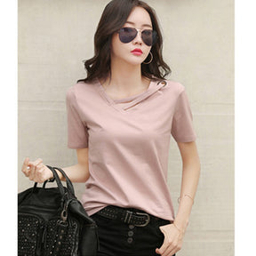 summer short sleeve women white t-shirt women V-neck loose black top casual t shirt women