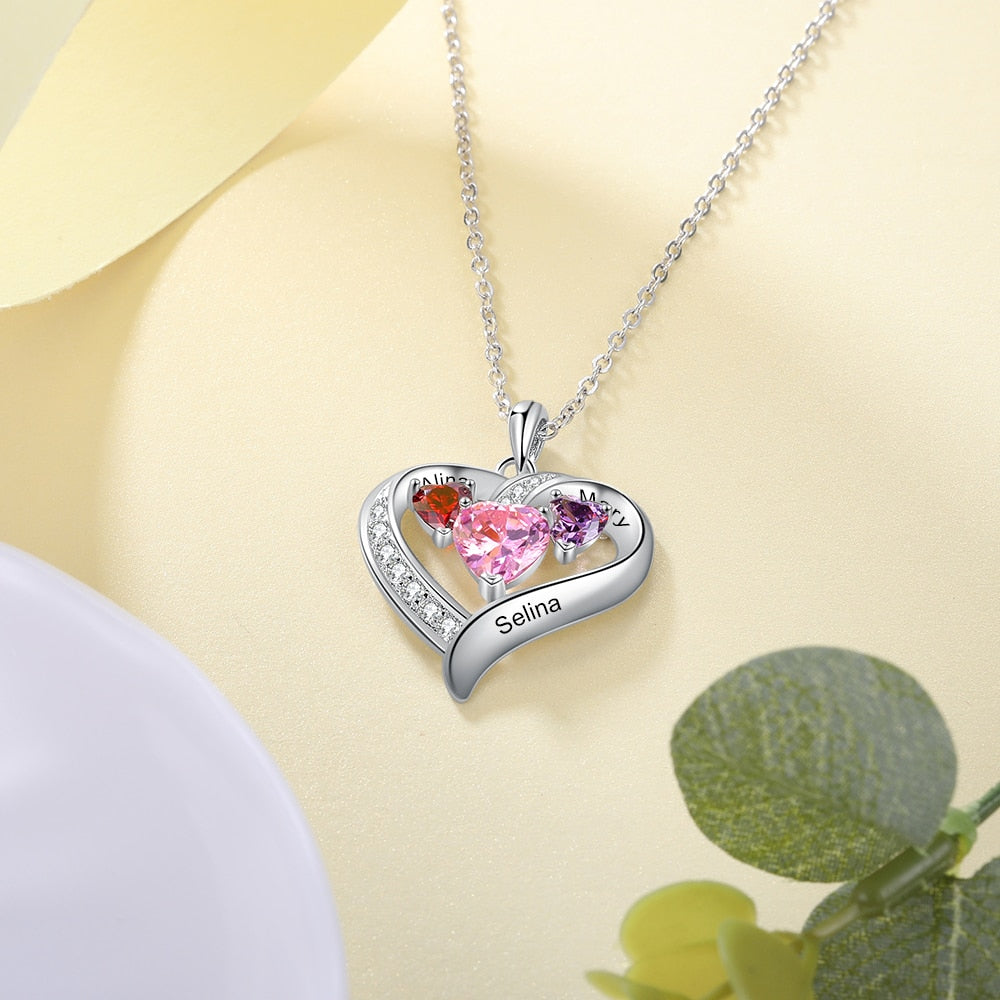 Name Engraved Heart Necklaces for Customized 3 Birthstone Necklace