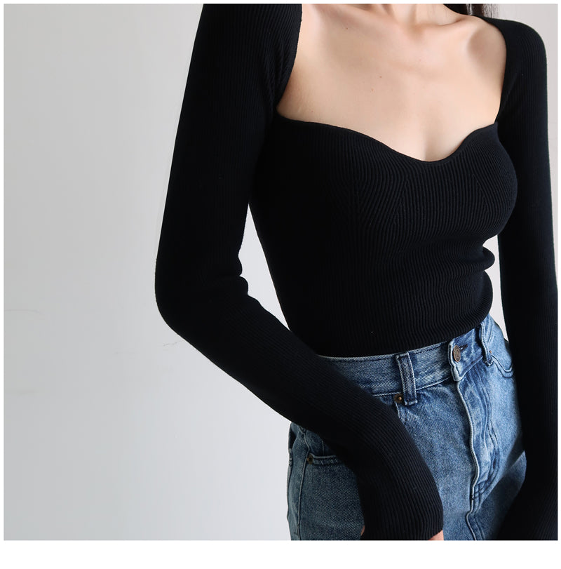 Magliette lavorate a maglia con scollo quadrato vintage francese da donna T-shirt pullover a maniche lunghe skinny da donna