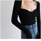 Magliette lavorate a maglia con scollo quadrato vintage francese da donna T-shirt pullover a maniche lunghe skinny da donna