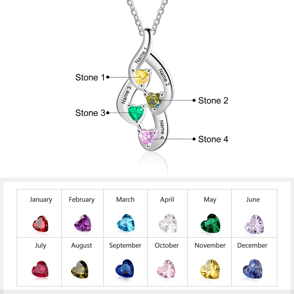 925 Sterling Silver Mother Necklace with 4 Custom Birthstones Name Heart Necklaces