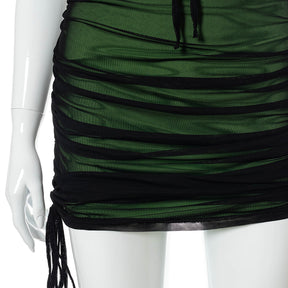 Women Mesh Bodycon Mini Green Dress Spaghetti Strap Lace Up Ruched Slim