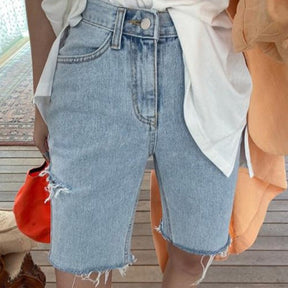 Women High Waist Riped Button Up Female Denim Shorts Jeans