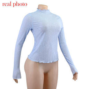 Elegant See Through Long Sleeve Mock Neck Women Tops Fashion Streetwear T-Shirts