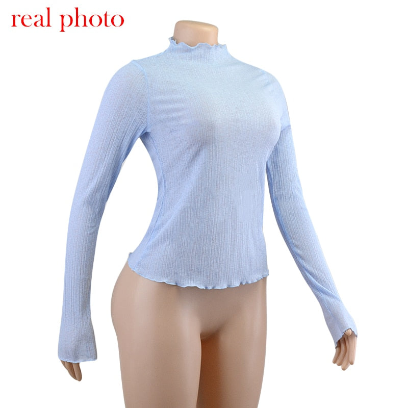 Elegant See Through Long Sleeve Mock Neck Women Tops Fashion Streetwear T-Shirts