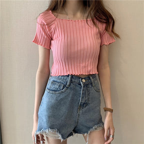 Women Off Shoulder T-shirts Knitted Ruffles Hem Crop Tops Short Sleeve T-shirts