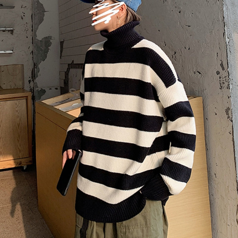 Autumn Winter Knitted Striped Sweater Casual Oversized Pullovers Sweaters