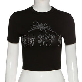 Punk Vintage Rhinestone Spider Goth Graphic T Shirt Women Y2k Style Crop Top O-neck Tshirt