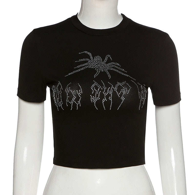 Punk Vintage Rhinestone Spider Goth Graphic T Shirt Women Y2k Style Crop Top O-neck Tshirt