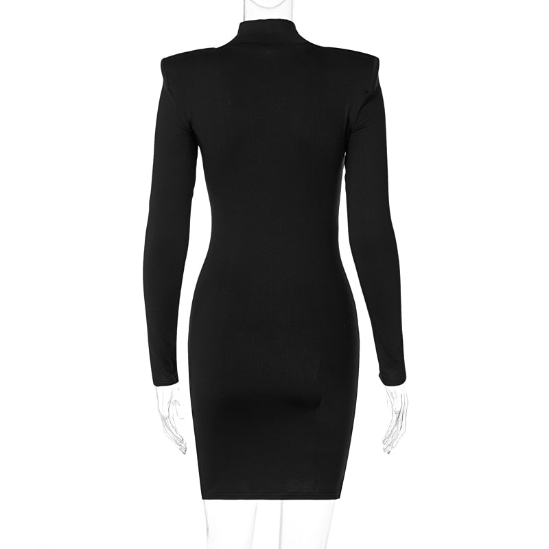 Frauen Frühling Herbst Langarm Bodycon Soild Farbe Schwarz Slim Package Hip Minikleid